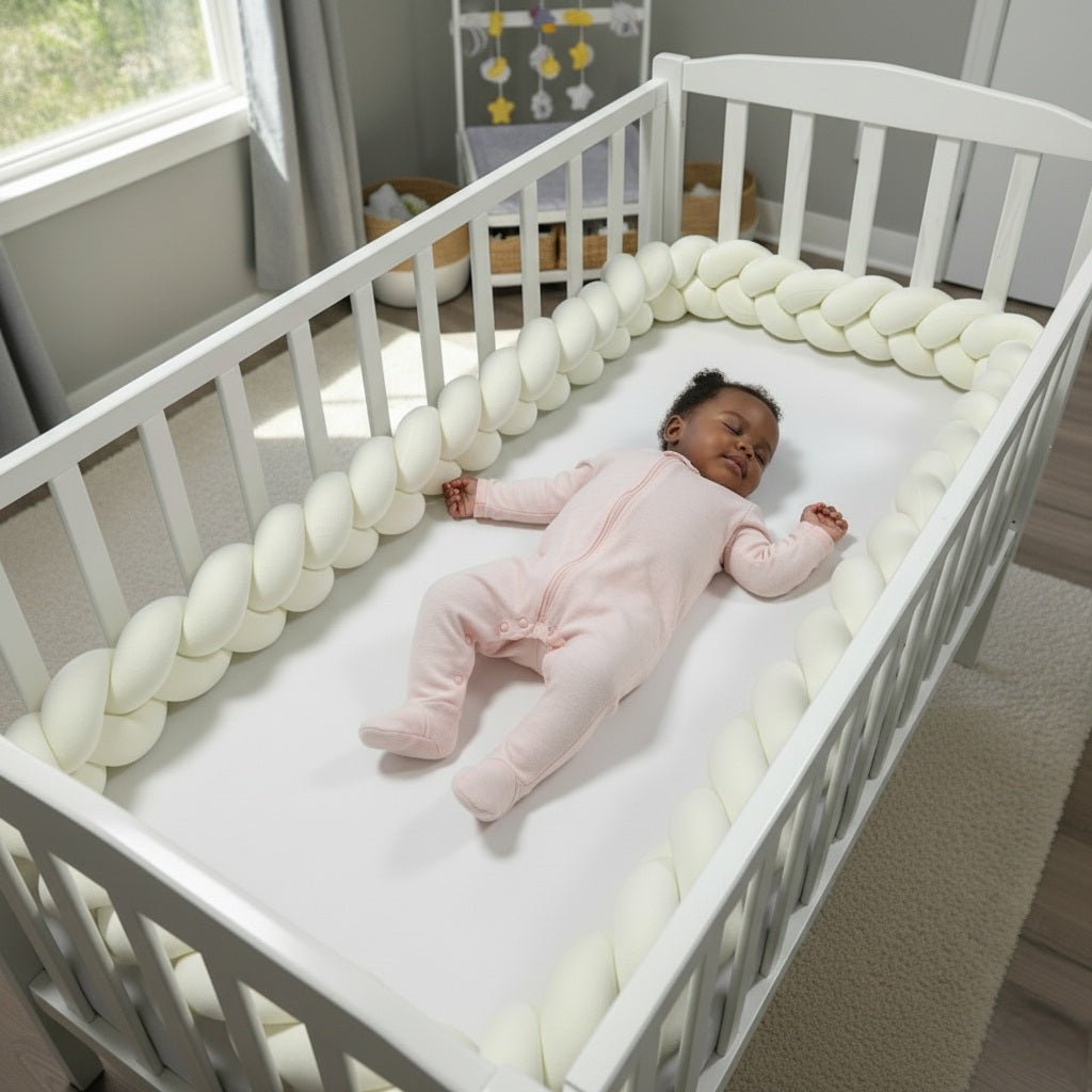 Bébé endormie et protégée par une Tresse de lit bébé blanc cassé 3 brins