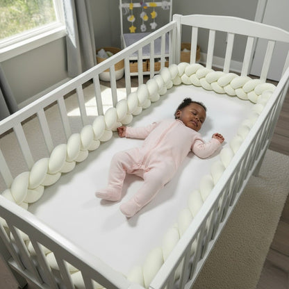 Bébé endormie et protégée par une Tresse de lit bébé blanc cassé 3 brins