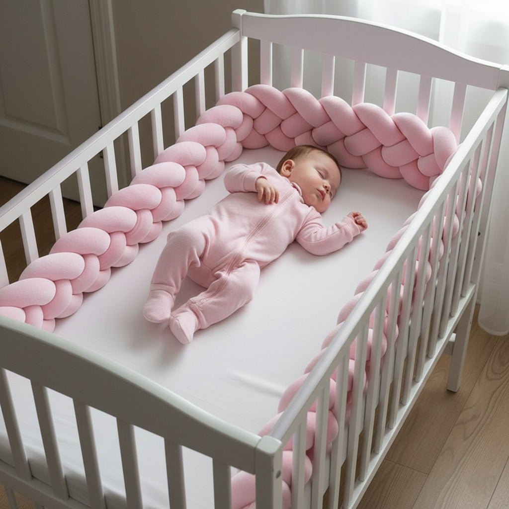 Bébé endormie protégée avec une Tresse de lit bébé rose 4 brins