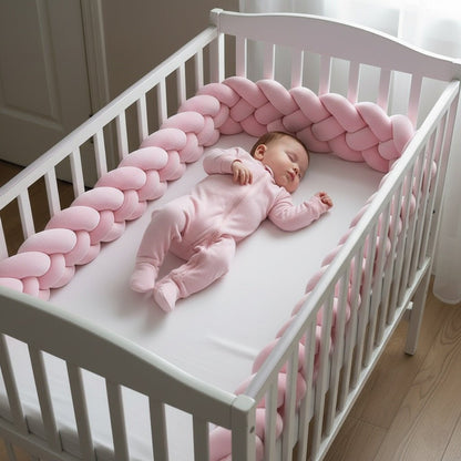 Bébé endormie protégée avec une Tresse de lit bébé rose 4 brins