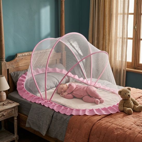 Bébé endormie sous notre moustiquaire lit bébé DreamyRefuge rose