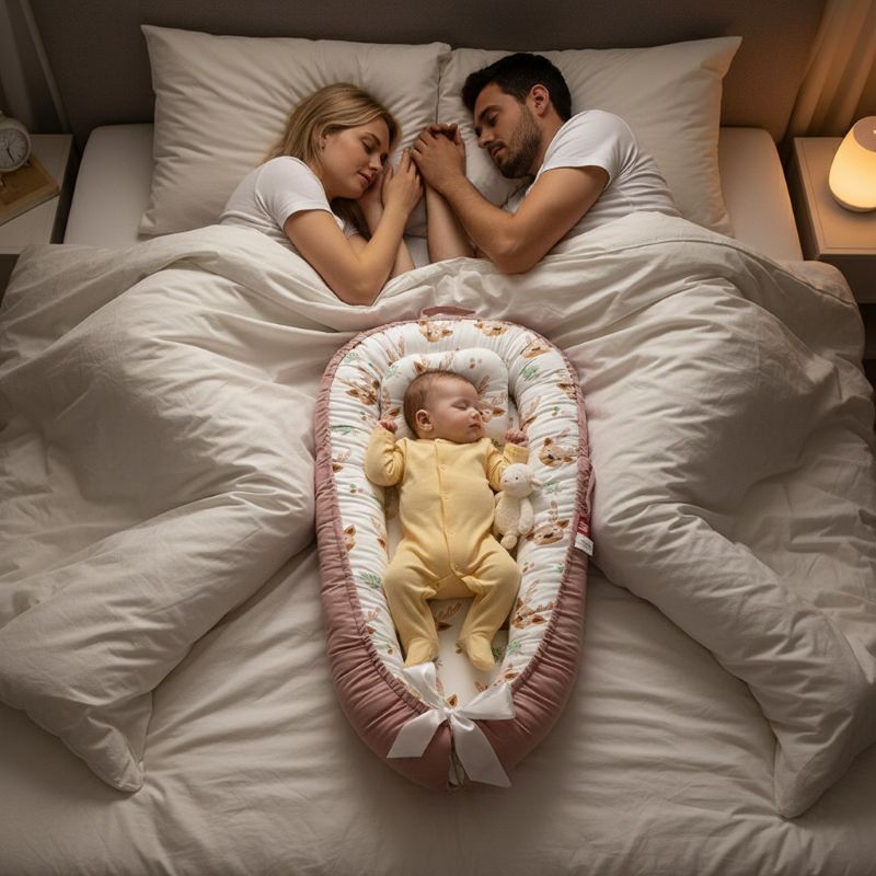 BEBE ENDORMI EN CODODO AVEC SES PARENTS DANS SON REDUCTEUR DE LIT BEBE DEERBABYNEST
