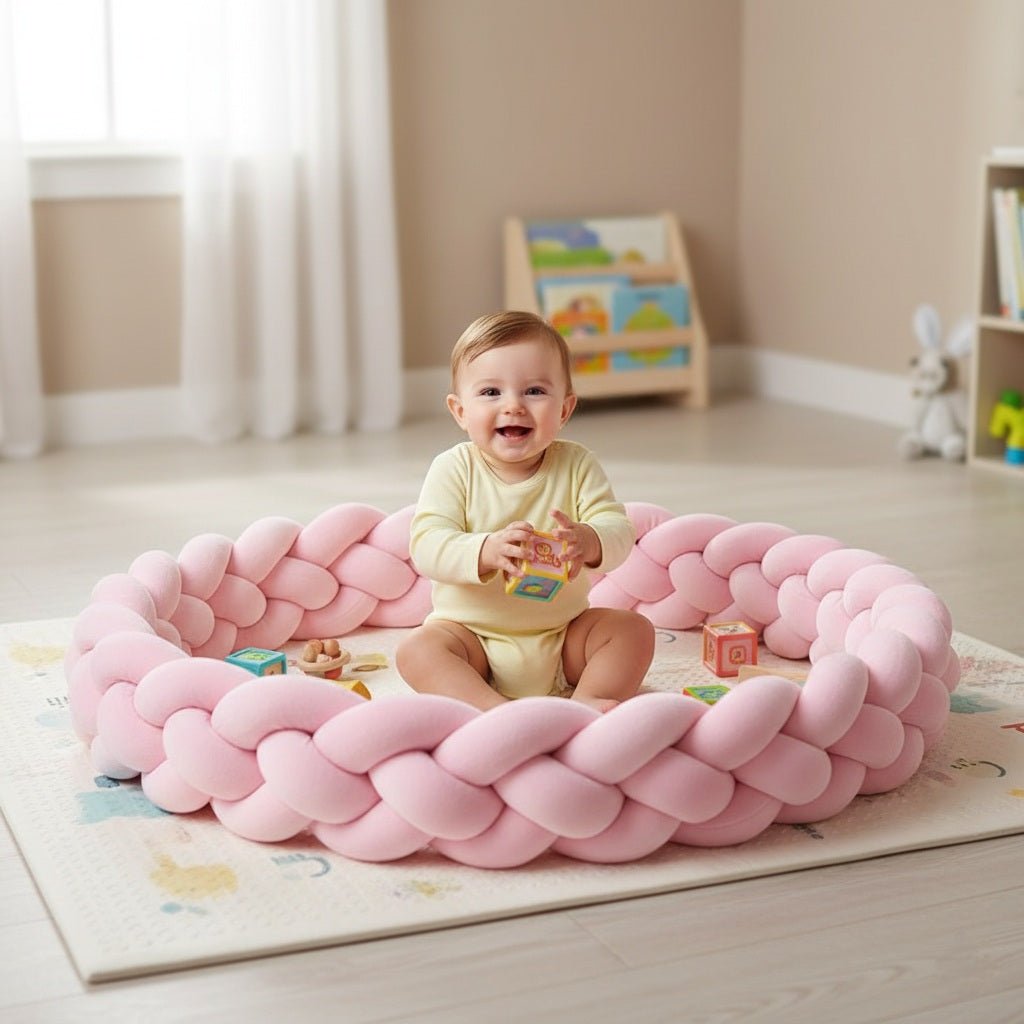 Bébé entourée avec une Tresse de lit bébé rose 4 brins