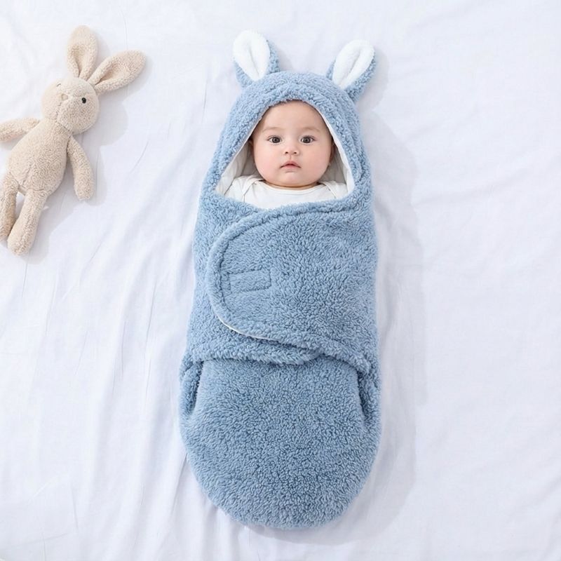 Bébé enveloppé dans notre couverture d'emmaillotage CuddleBunny™ bleue