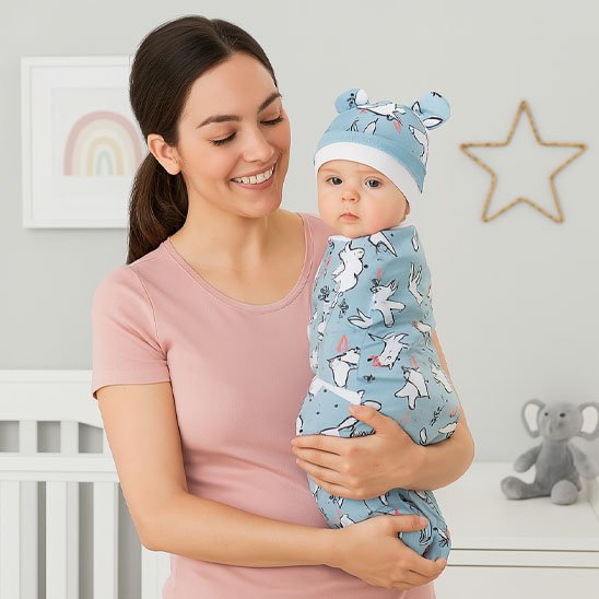 Bébé et maman avec une La couverture emmaillotage lapin bleue