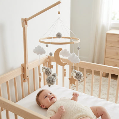 Bébé heureux avec notre mobile bébé pour apaiser et occuper bébé