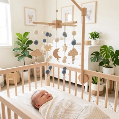 Bébé heureux avec notre mobile lit bébé en bois naturel - Thème croissant de lune étoilé