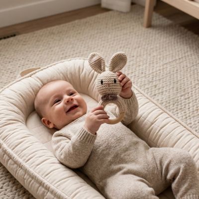 Bébé jouant avec le hochet Lapin de notre Mobile lit bébé TinyCosmos™