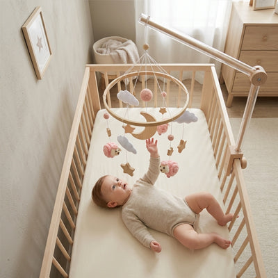 Bébé jouant avec le mobile pour bébé Étoiles Mouton