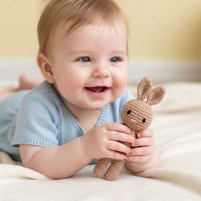 Bébé jouant avec notre Doudou lapin BunnyRattle™ beige