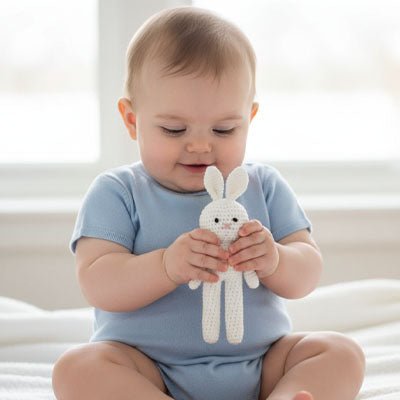 Bébé jouant avec notre Doudou lapin BunnyRattle™ blanc