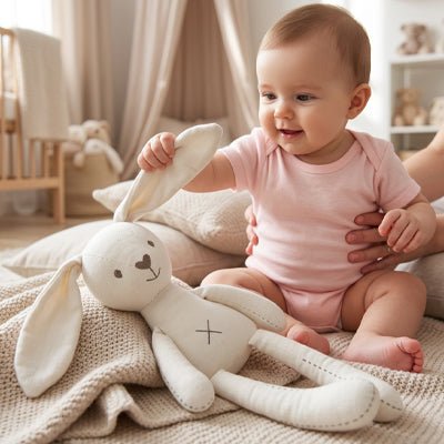 Bébé jouant avec notre Doudou lapin CuteRabbit™ blanc