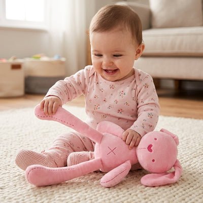 Bébé jouant avec notre Doudou lapin CuteRabbit™ rose