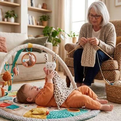 Bébé jouant avec notre doudou lapin Rabbib™ Léopard sur un tapis d'éveil
