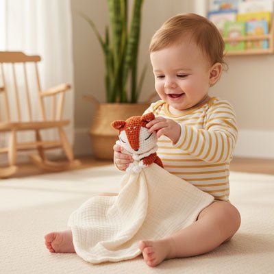 Bébé jouant avec notre doudou renard Foxan crème
