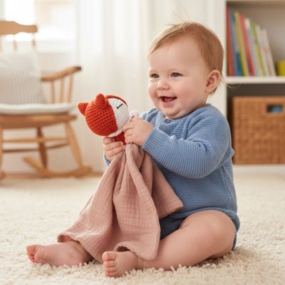 Bébé jouant avec notre doudou renard Foxan rose