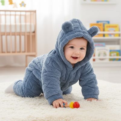 Bébé jouant avec notre grenouillère bébé Oursonette™ bleu