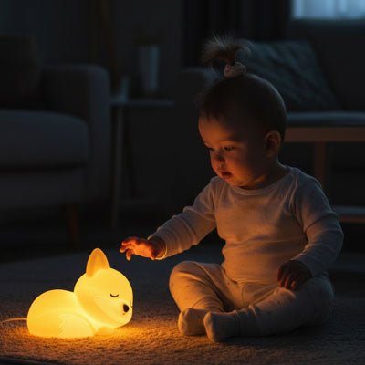 Bébé jouant avec notre veilleuse bébé FoxNightLight™