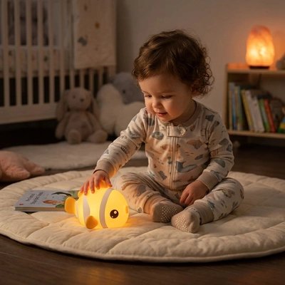 Bébé jouant avec notre Veilleuse bébé Poisson Tactile rechargeable