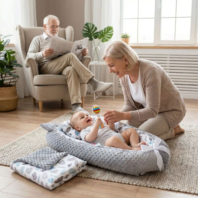 BEBE JOUANT AVEC SA MAMIE ET ALLONGE SUR NOTRE REDUCTEUR DE LIT POUR BEBE SOOTHINGFOLIAGE™ CHEZ SES GRAND-PARENTS