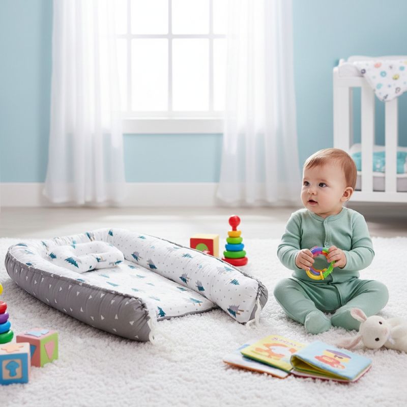Bébé jouant près de notre réducteur de lit bébé Cocon Sapin gris