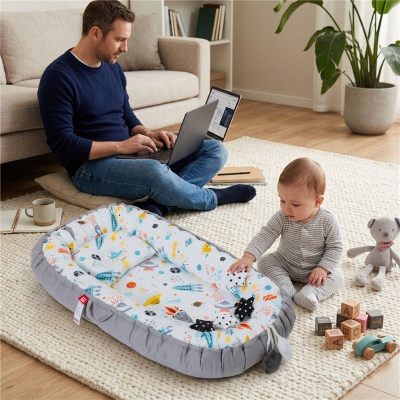 BEBE JOUANT PRES DE NOTRE REDUCTEUR DE LIT BEBE GALAXY SOUS LA SURVEILLANCE DE PAPA