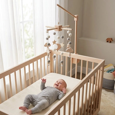 Bébé joyeux avec notre mobile lit bébé en bois naturel - Thème croissant de lune étoilé gris