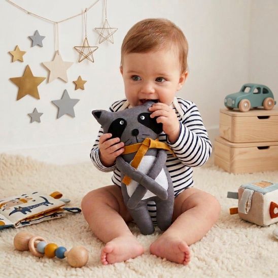 Bébé mordant une oreille de notre doudou Raccoon