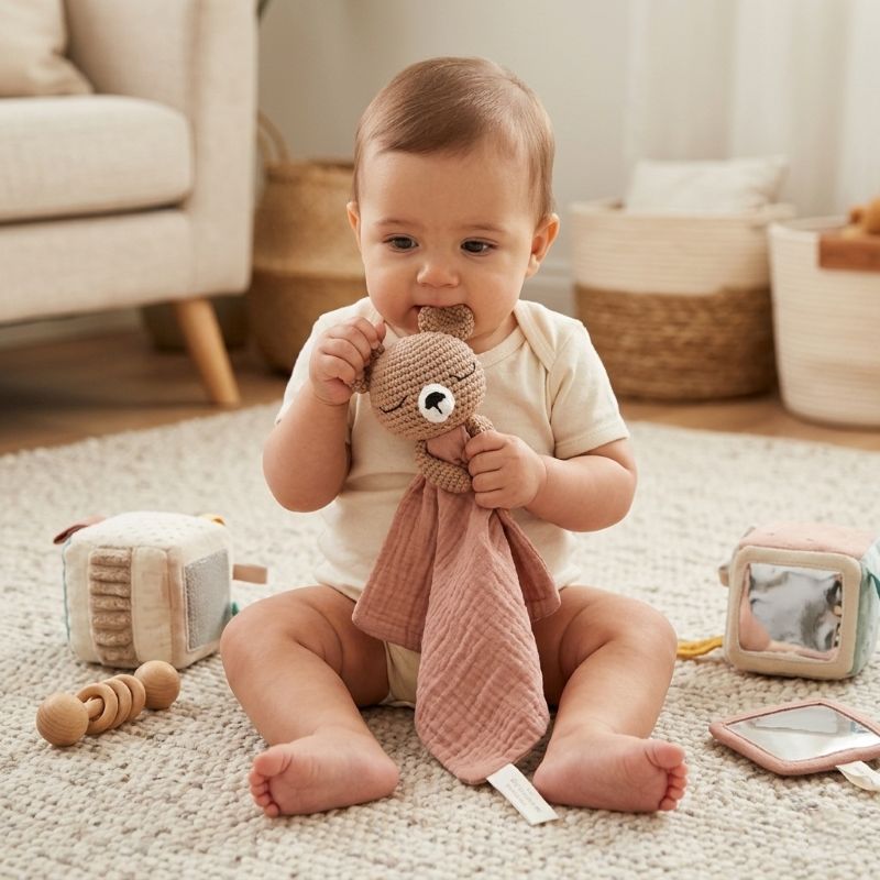 Bébé mordillant l'oreille de notre doudou Ourson Rêveur