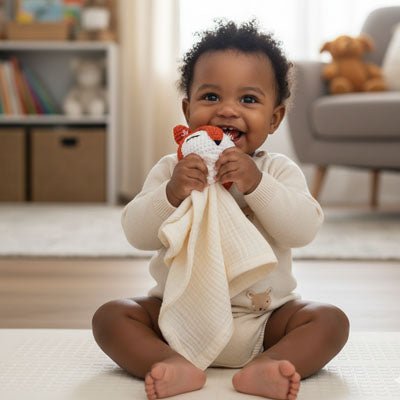Bébé mordillant notre doudou renard Foxan crème