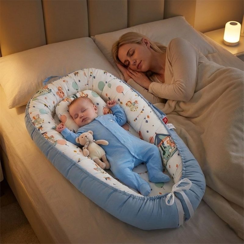 Bébé profitant du cododo sécurisé avec  sa maman grâce à notre Réducteur de lit bébé Manège enchanté