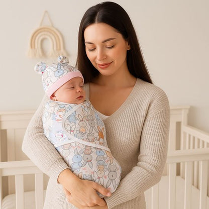Bébé protégé avec une Couverture emmaillotage lapin rose multicolore