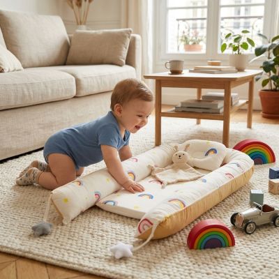 Bébé rampant vers notre réducteur de lit Rainboow™