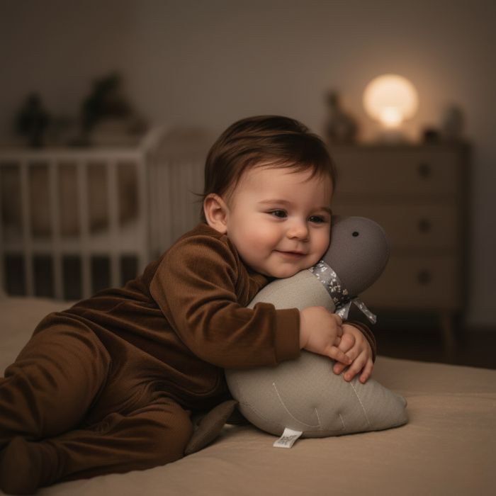 Bébé réconforté avec notre Doudou Canard gris