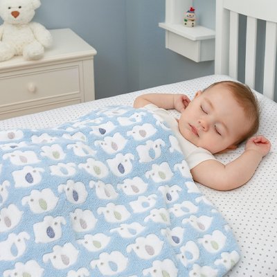 Bébé recouvert avec une Couverture bébé Éléphanteau bleue
