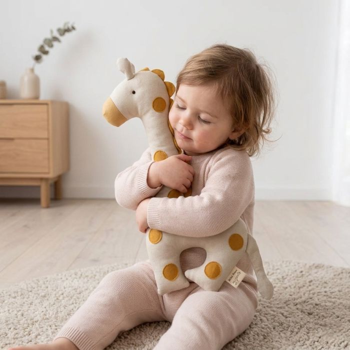 Bébé serrant fort notre doudou CuteGiraffe™