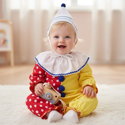 Bébé souriant avec notre Déguisement bébé rouge/jaune