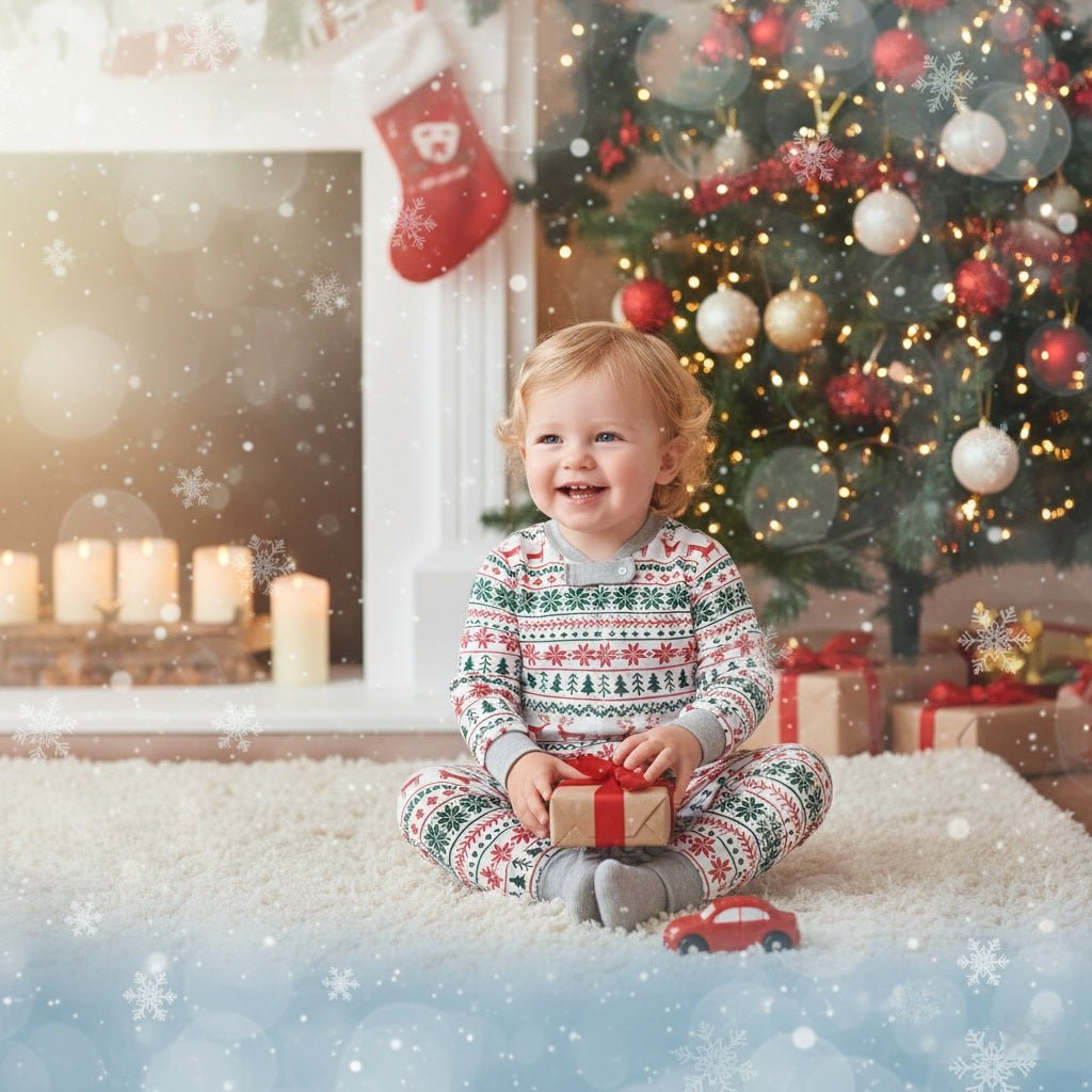Bébé souriant avec notre Pyjama Noel famille MagicKrixmas™