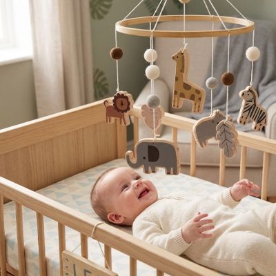 Bébé souriant avec notre suspension lit bébé Animaux Safari