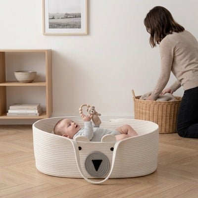 Bébé souriant dans notre couffin bébé cadeau de naissance motif Ourson Blanc cassé