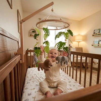 Bébé souriant jouant avec notre mobile bébé Safari