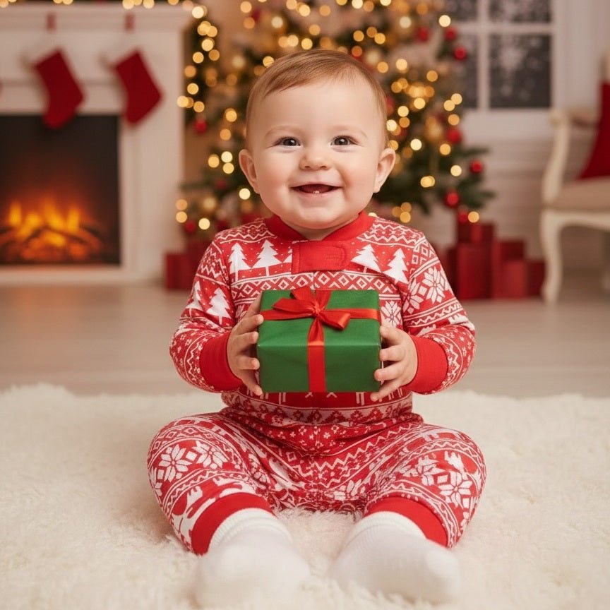 Bébé souriant son cadeau en main avec notre Pyjama Noel Famille InstantMagik™