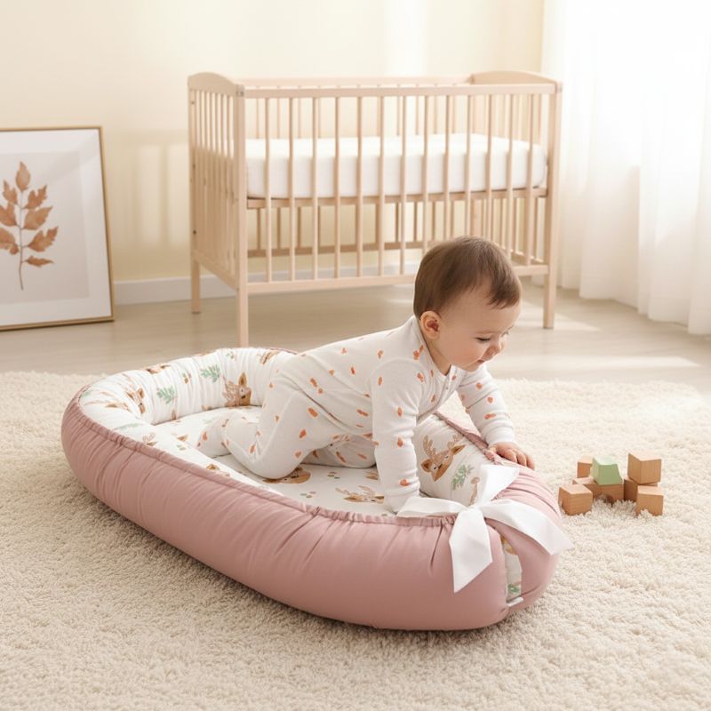 BEBE SUR NOTRE REDUCTEUR DE LIT BEBE DEERBABYNEST RAMPANT VERS SES JOUETS