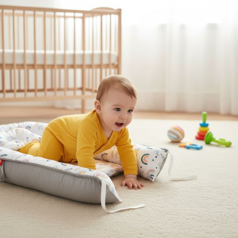 Bébé sur notre réducteur de lit NidPortableBébé™ - Arc En Ciel