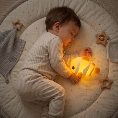 Bébé tenant notre Veilleuse bébé Poisson Tactile rechargeable