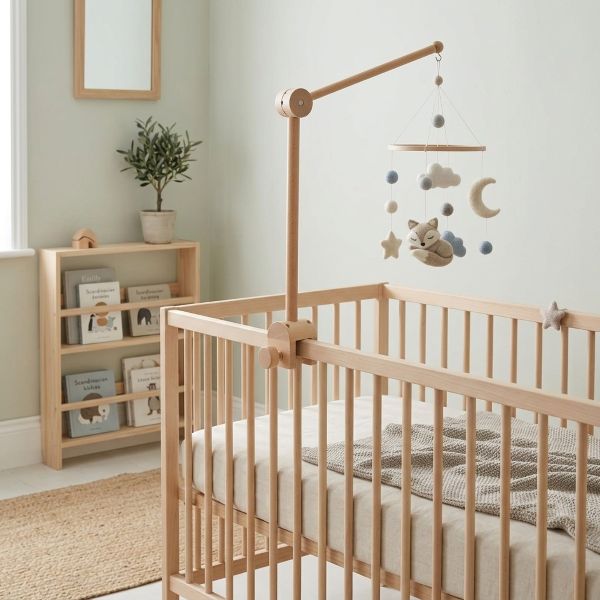 Bras pour mobile bébé bois doux sur un berceau
