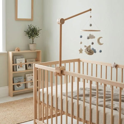 Bras pour mobile bébé bois doux sur un berceau