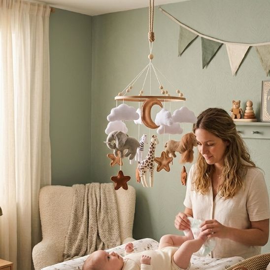 Change simplifié avec notre mobile bébé Safari Céleste