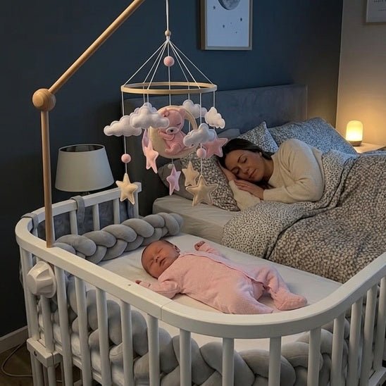 CODODO AVEC NOTRE MOBILE BEBE EN BOIS ET TISSU POUR CHAMBRE FILLE