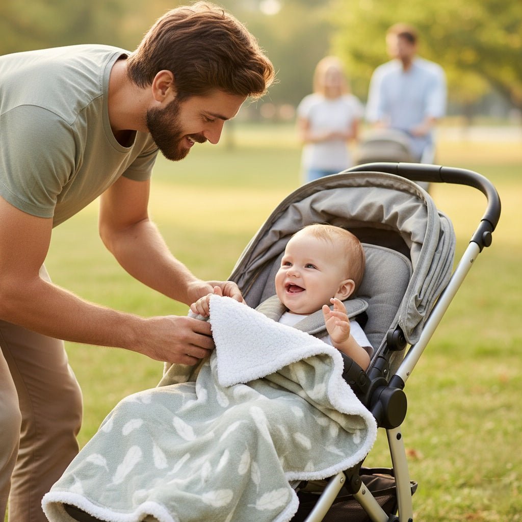 Couverture bébé Double-face Sherpa plumes gris dans une poussette